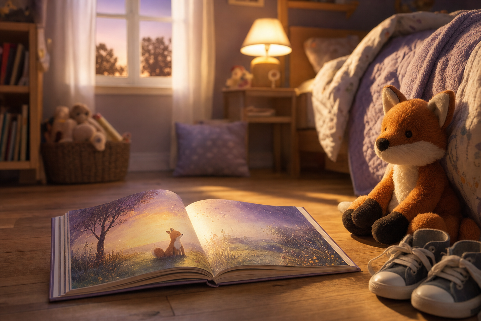 Open illustrated storybook on a wooden bedroom floor beside a stuffed fox and small sneakers at sunset