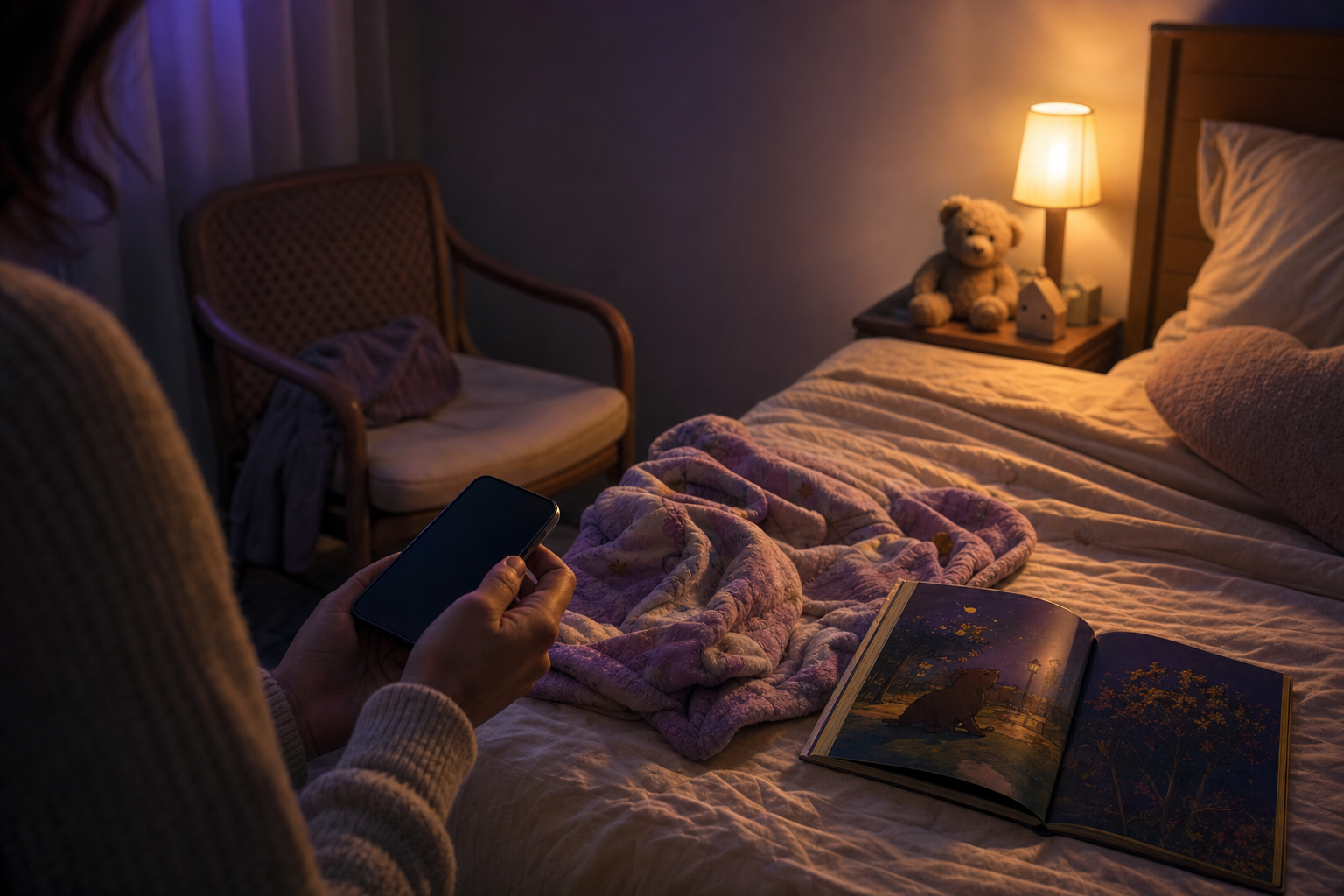 Parent holding a phone beside an open children's book on a bed lit by a warm amber lamp