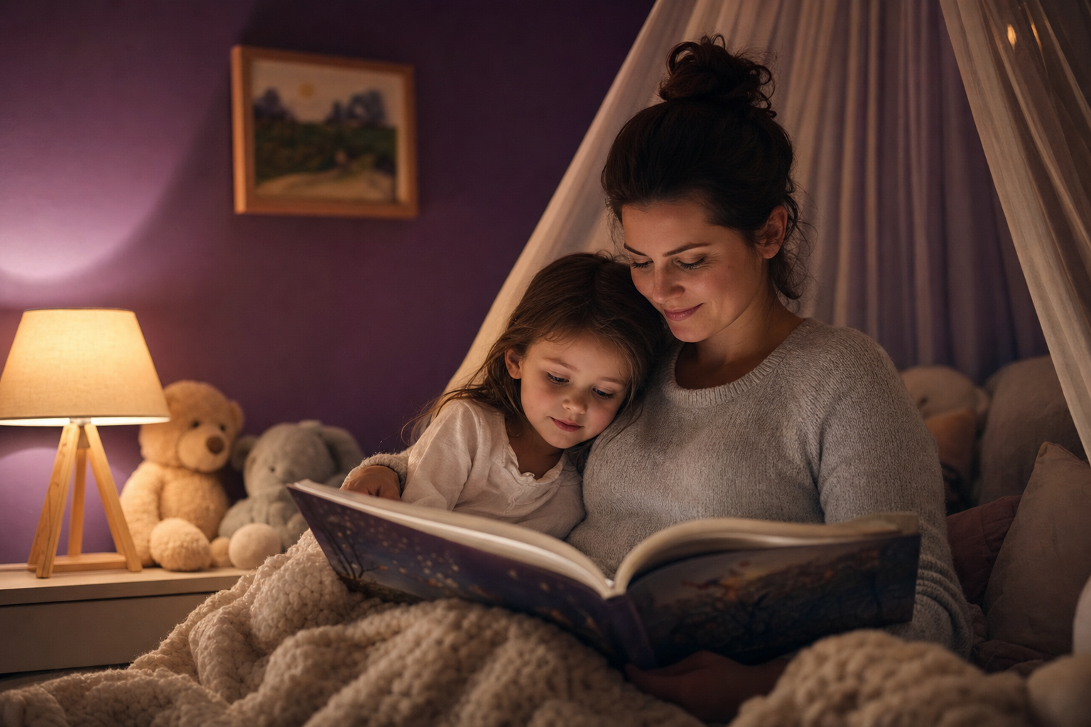 Parent and young child reading a picture book together under soft lamp light in a purple bedroom
