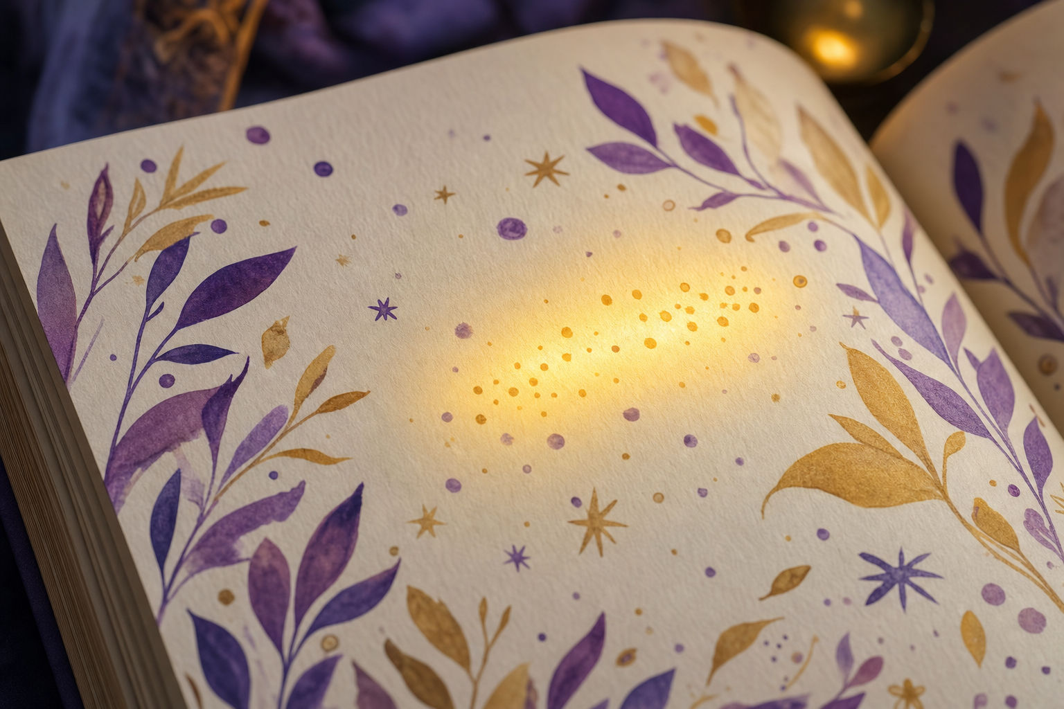 Close-up of an open book page with purple and gold leaf and star illustrations and a soft amber glow