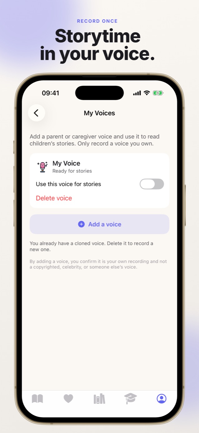 Faybley My Voices screen to record a parent voice for children's story narration